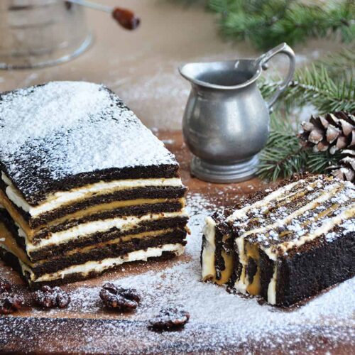 Gingerbread Cake with Persimmon Curd dusted with powder sugar