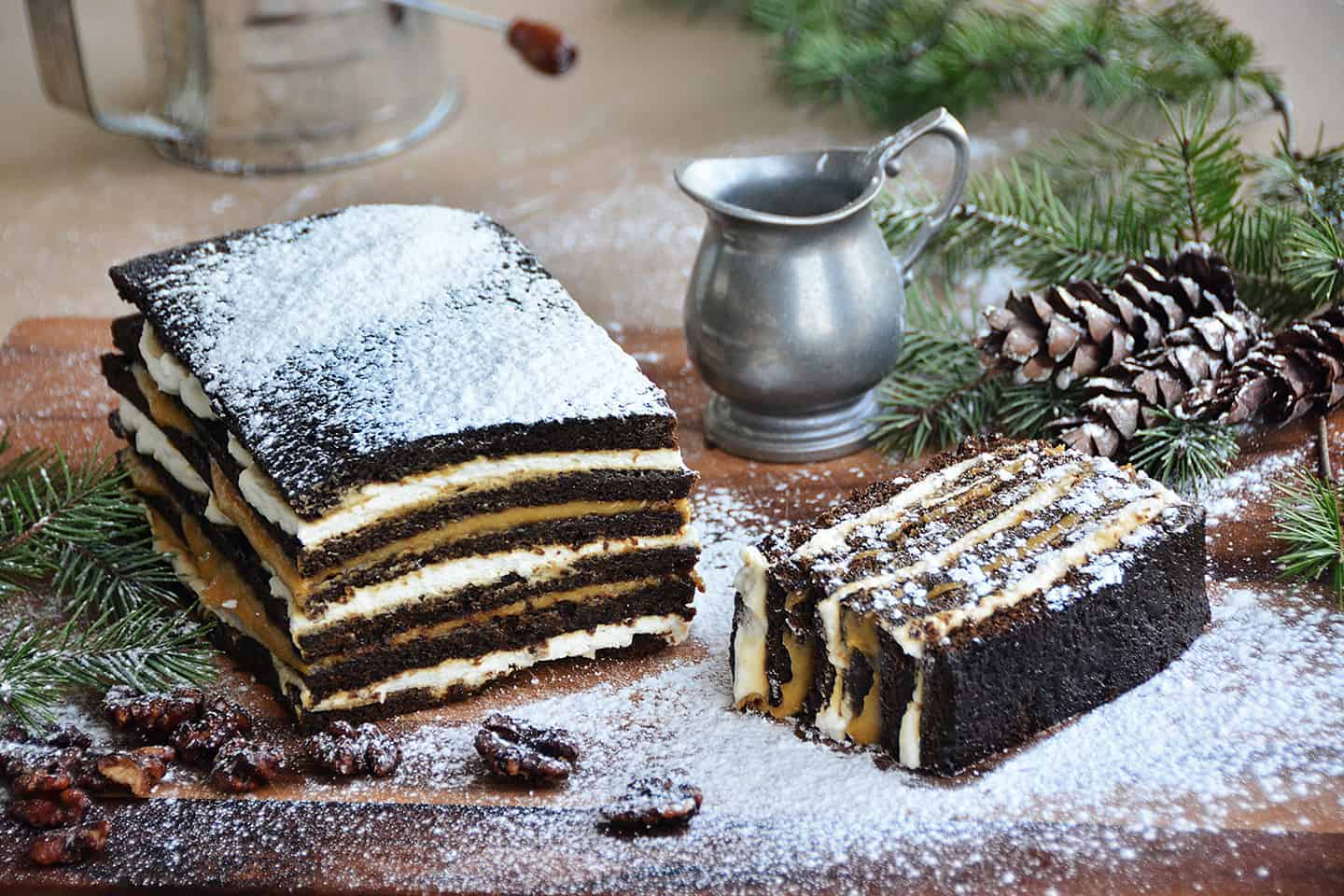 Gingerbread Cake with Persimmon Curd dusted with powder sugar