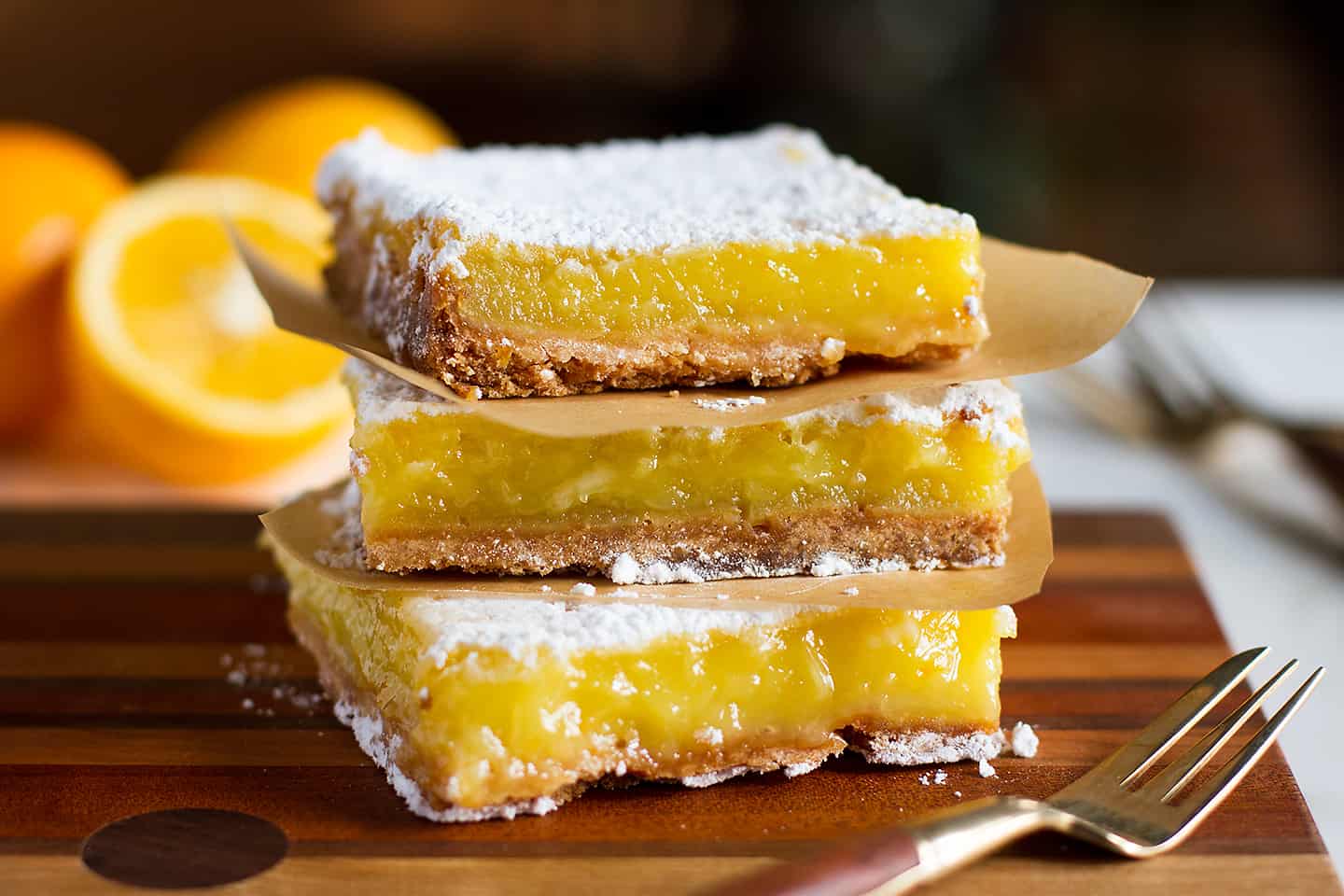 Meyer lemon bars on salty, browned shortbread curst