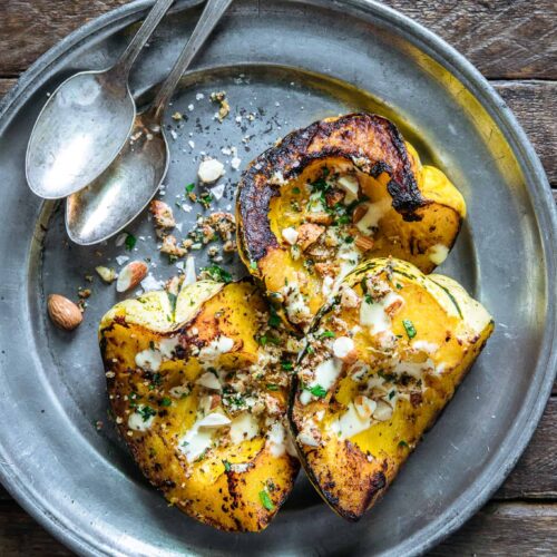 Roasted Acorn Squash with Almond Aioli & Picada