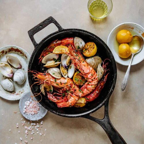 Cast Iron Roasted Colossal Prawns with Clams and Gremolata