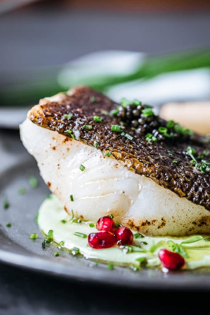 Pan-Roasted Sea Bass with Edamame, Chive, Pomegranate & ROE Caviar