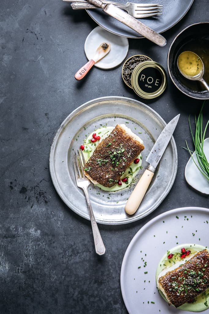 Pan-Roasted Sea Bass with Edamame, Chive, Pomegranate & ROE Caviar