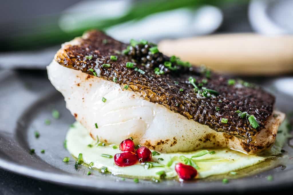 Pan-Roasted Sea Bass with Edamame, Chive, Pomegranate & ROE Caviar