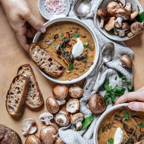 Two people with bowls of mushroom soups