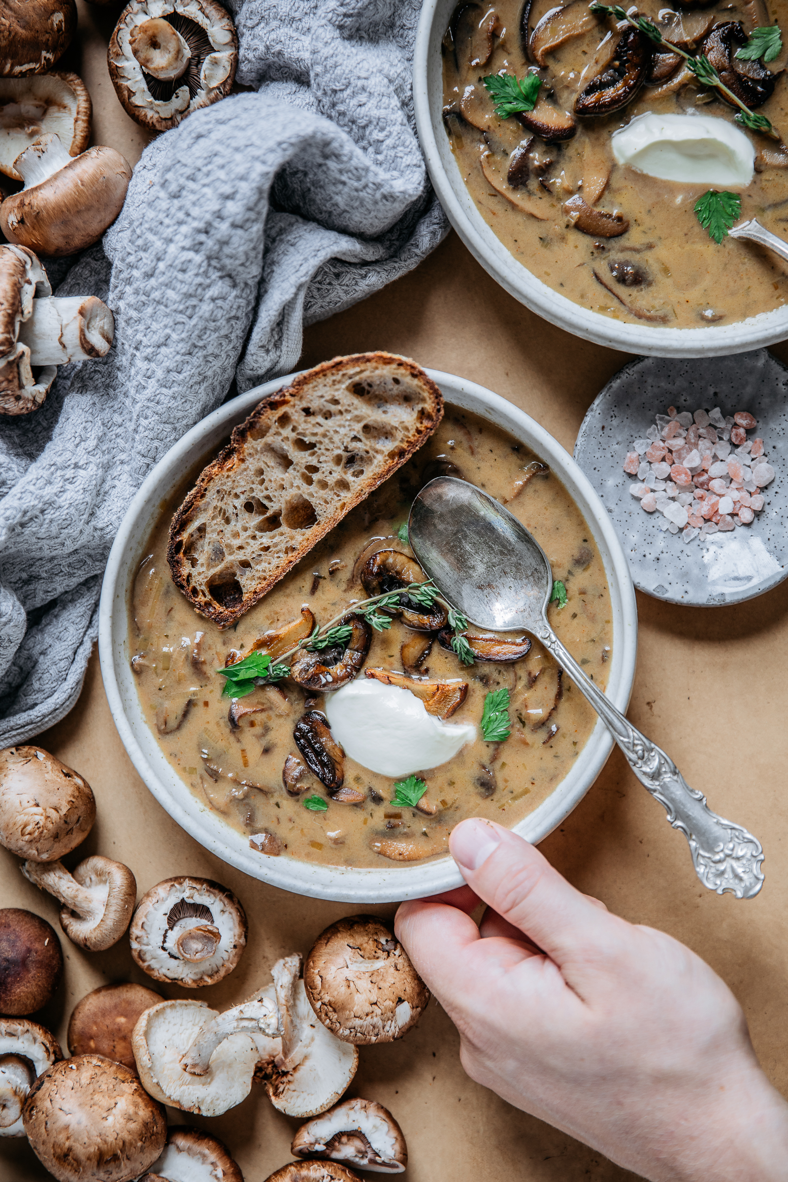 Bowl of mushroom soup with bread