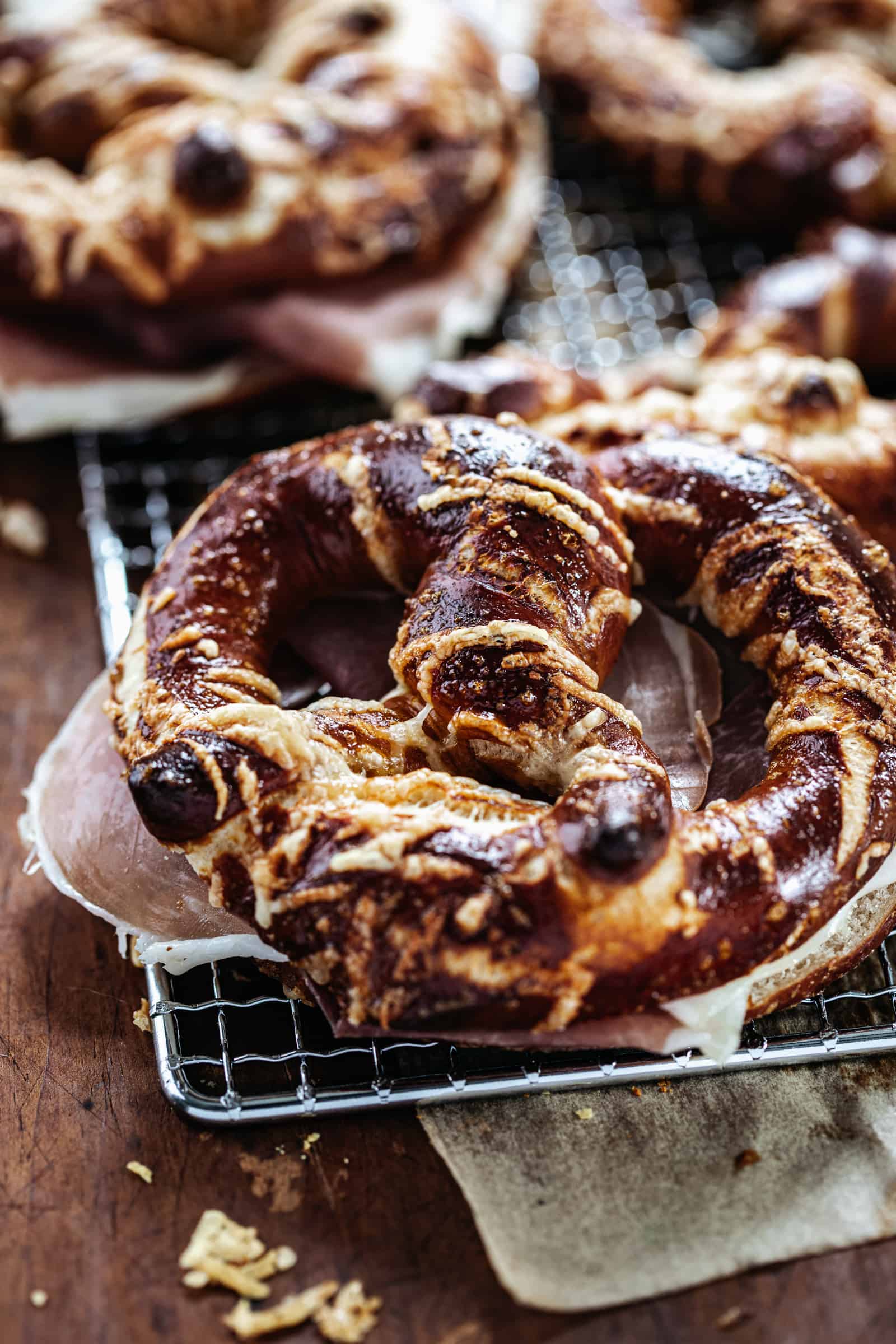 Soft Pretzels with Speck and Gruyere on Wire Rack