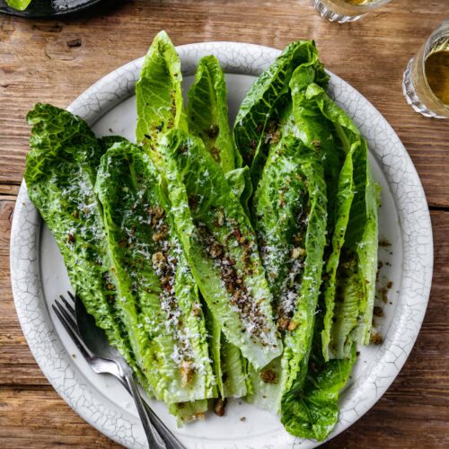 Romaine Salad with Pecorino Anchovy Vinaigrette and Sumac Breadcrumbs