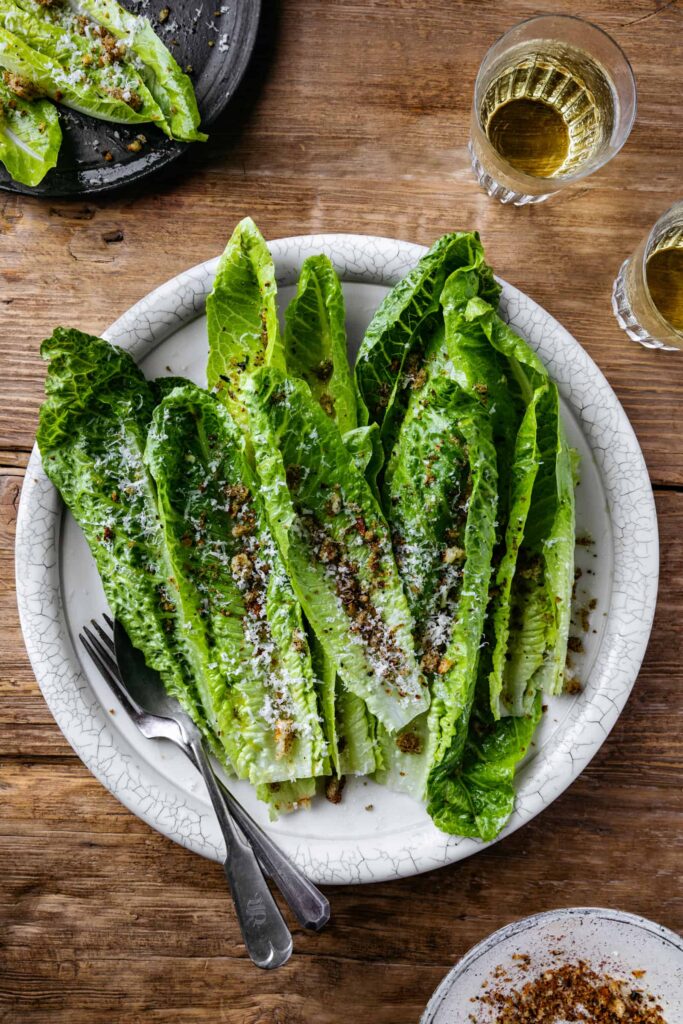 Romaine Salad with Pecorino Anchovy Vinaigrette and Sumac Breadcrumbs