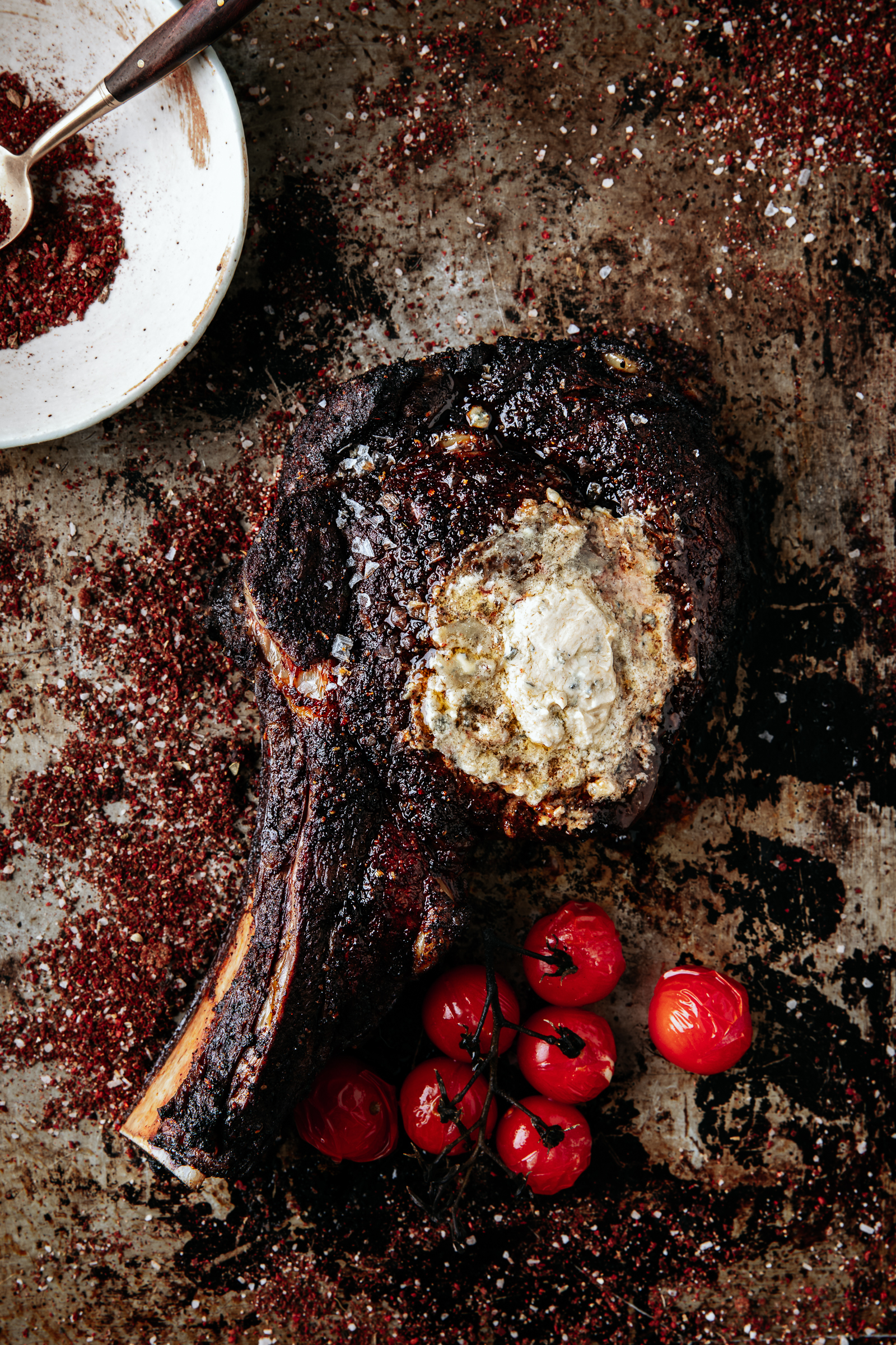Cooked ribeye with goat cheese butter