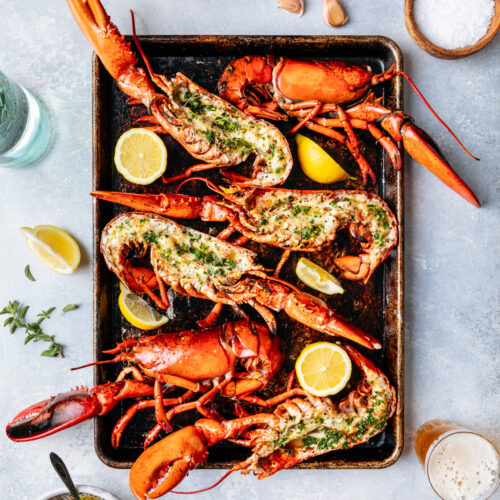 Broiled split lobster on sheet pan