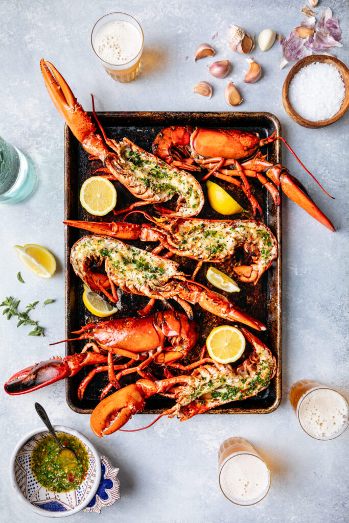 Broiled split lobster on sheet pan