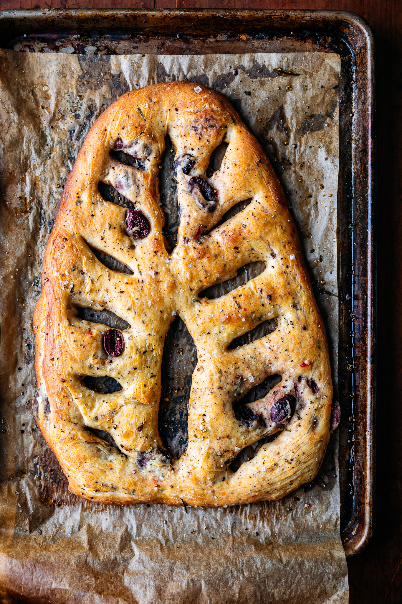 Freshly baked fougasse bread