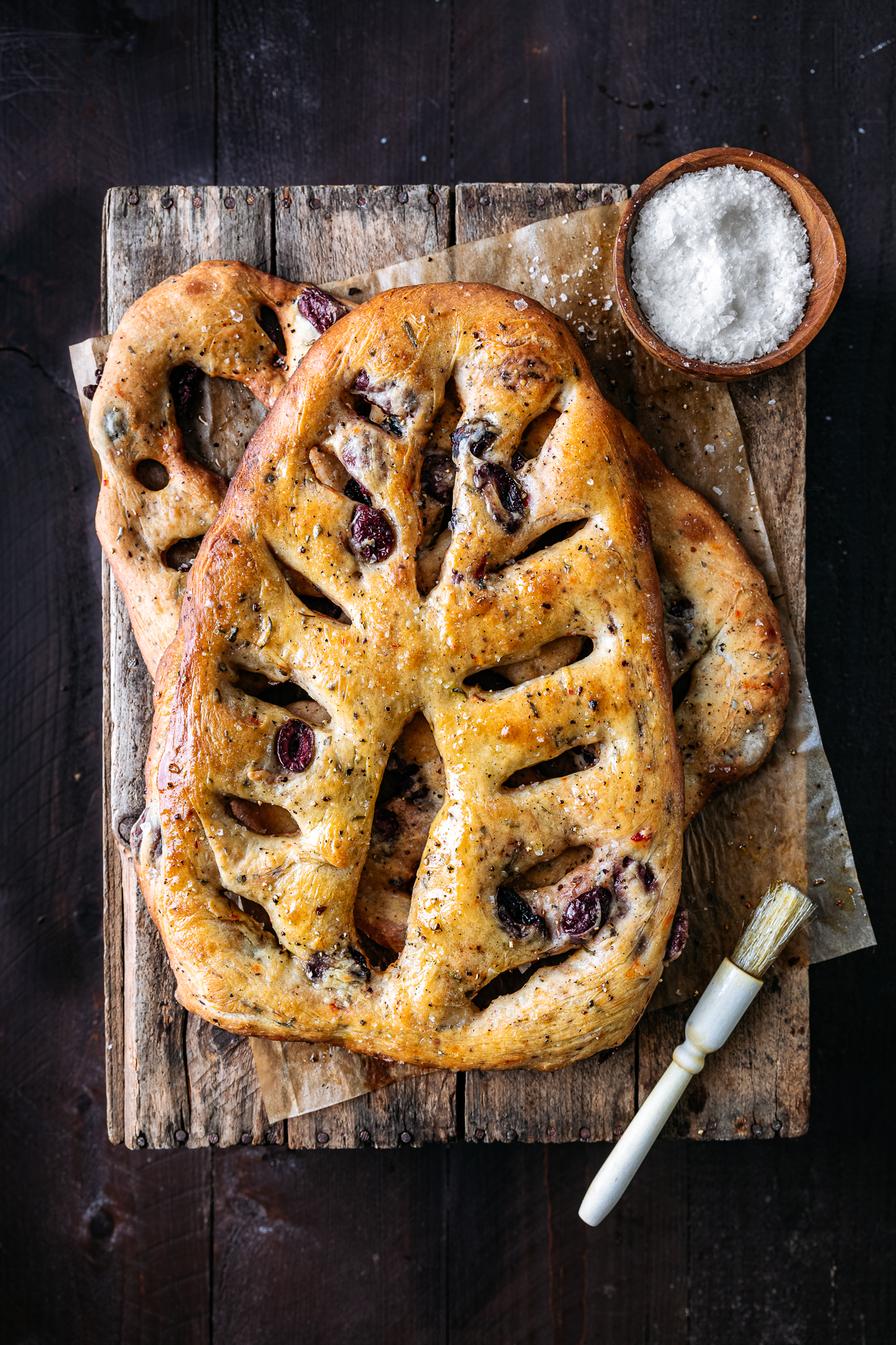 Fougasse bread brushed with olive oil